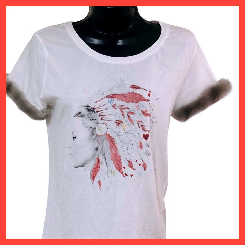 NWT Daniela Vezza Native American Woman T-Shirt Organic Cotton Mink Fur Size M